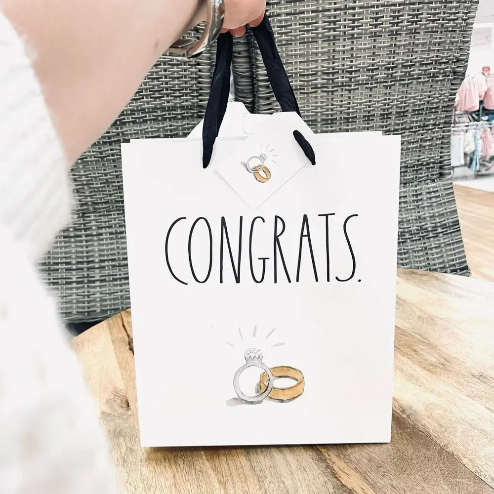 NWT Rae Dunn White CONGRATS Wedding Engagement Gift Bag w/ engagement ring card